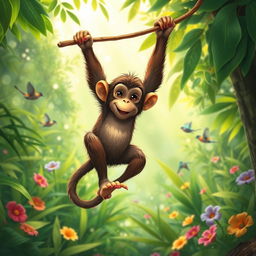 A playful monkey swinging through a lush green jungle, holding a stick in its hands
