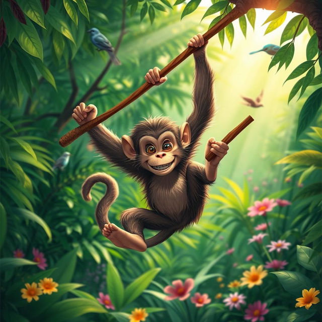 A playful monkey swinging through a lush green jungle, holding a stick in its hands