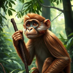 A realistic depiction of a monkey in its natural habitat, gripping a stick with one hand
