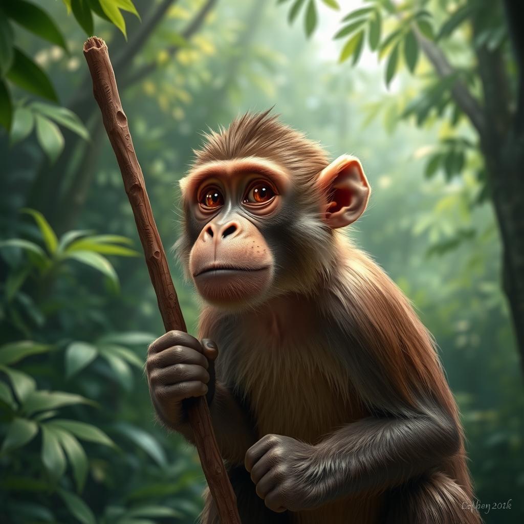 A realistic depiction of a monkey in its natural habitat, gripping a stick with one hand