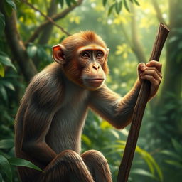 A realistic depiction of a monkey in its natural habitat, gripping a stick with one hand