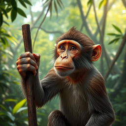 A realistic depiction of a monkey in its natural habitat, gripping a stick with one hand