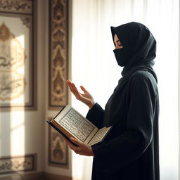 A woman standing upright with her full face covered in a traditional black niqab, gracefully reciting the Quran