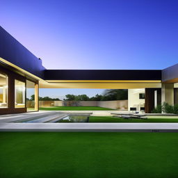 A modern house with sleek lines, expansive glass windows, minimalist furnishings, a well-maintained green lawn, and a sparkling pool under the clear blue sky.