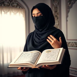 A woman standing upright with her full face covered in a traditional black niqab, gracefully reciting the Quran