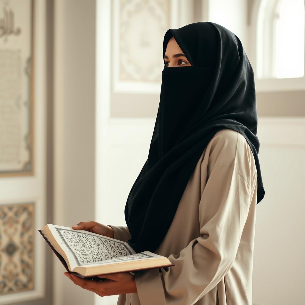 A woman standing upright with her full face covered in a traditional black niqab, gracefully reciting the Quran