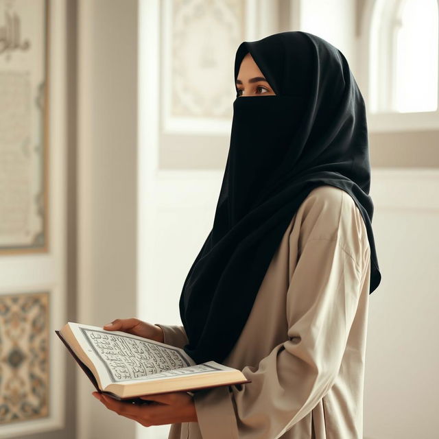A woman standing upright with her full face covered in a traditional black niqab, gracefully reciting the Quran