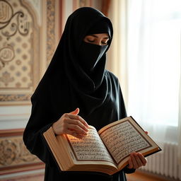A woman standing upright with her full face covered in a traditional black niqab, gracefully reciting the Quran