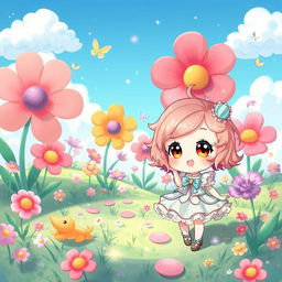A whimsical, colorful fantasy landscape with oversized flowers, playful creatures, and a bright blue sky