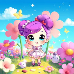 A whimsical, colorful fantasy landscape with oversized flowers, playful creatures, and a bright blue sky
