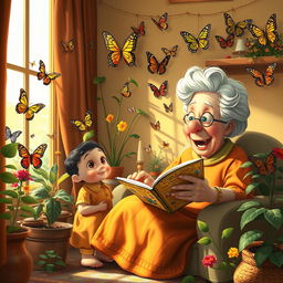 An imaginative and whimsical scene of an elderly grandmother sitting in a cozy, sunlit room filled with plants and butterflies, joyfully telling stories to a child with large expressive eyes, depicting the life cycle of butterflies from caterpillar to vibrant winged beauties