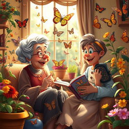 An imaginative and whimsical scene of an elderly grandmother sitting in a cozy, sunlit room filled with plants and butterflies, joyfully telling stories to a child with large expressive eyes, depicting the life cycle of butterflies from caterpillar to vibrant winged beauties