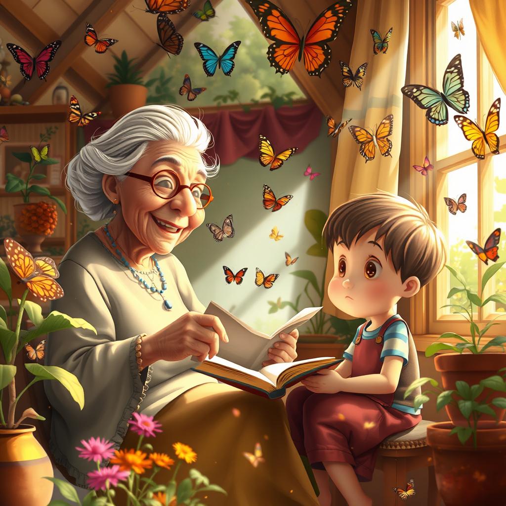 An imaginative and whimsical scene of an elderly grandmother sitting in a cozy, sunlit room filled with plants and butterflies, joyfully telling stories to a child with large expressive eyes, depicting the life cycle of butterflies from caterpillar to vibrant winged beauties