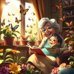 An imaginative and whimsical scene of an elderly grandmother sitting in a cozy, sunlit room filled with plants and butterflies, joyfully telling stories to a child with large expressive eyes, depicting the life cycle of butterflies from caterpillar to vibrant winged beauties