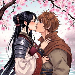 A beautiful couple kissing in a manhwa style illustration