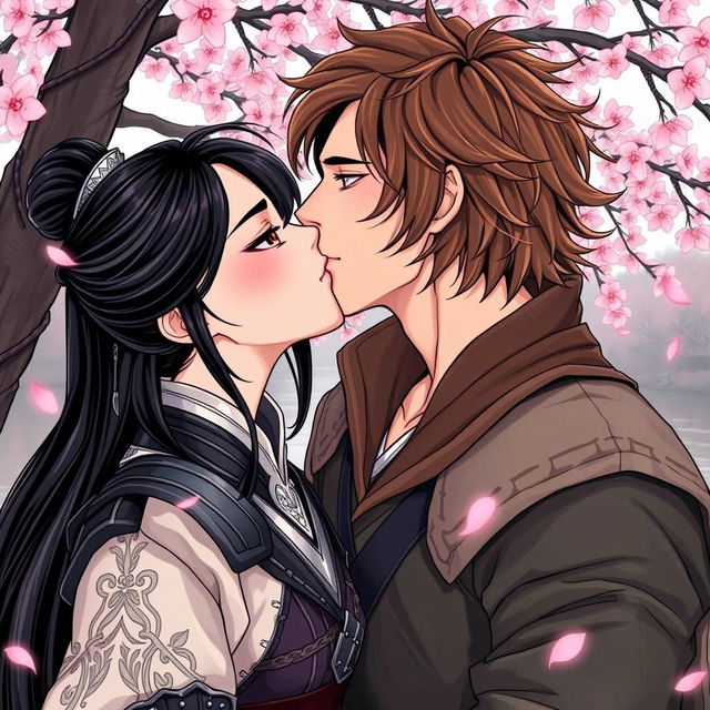 A beautiful couple kissing in a manhwa style illustration