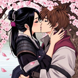 A beautiful couple kissing in a manhwa style illustration