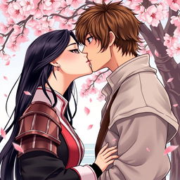 A beautiful couple kissing in a manhwa style illustration
