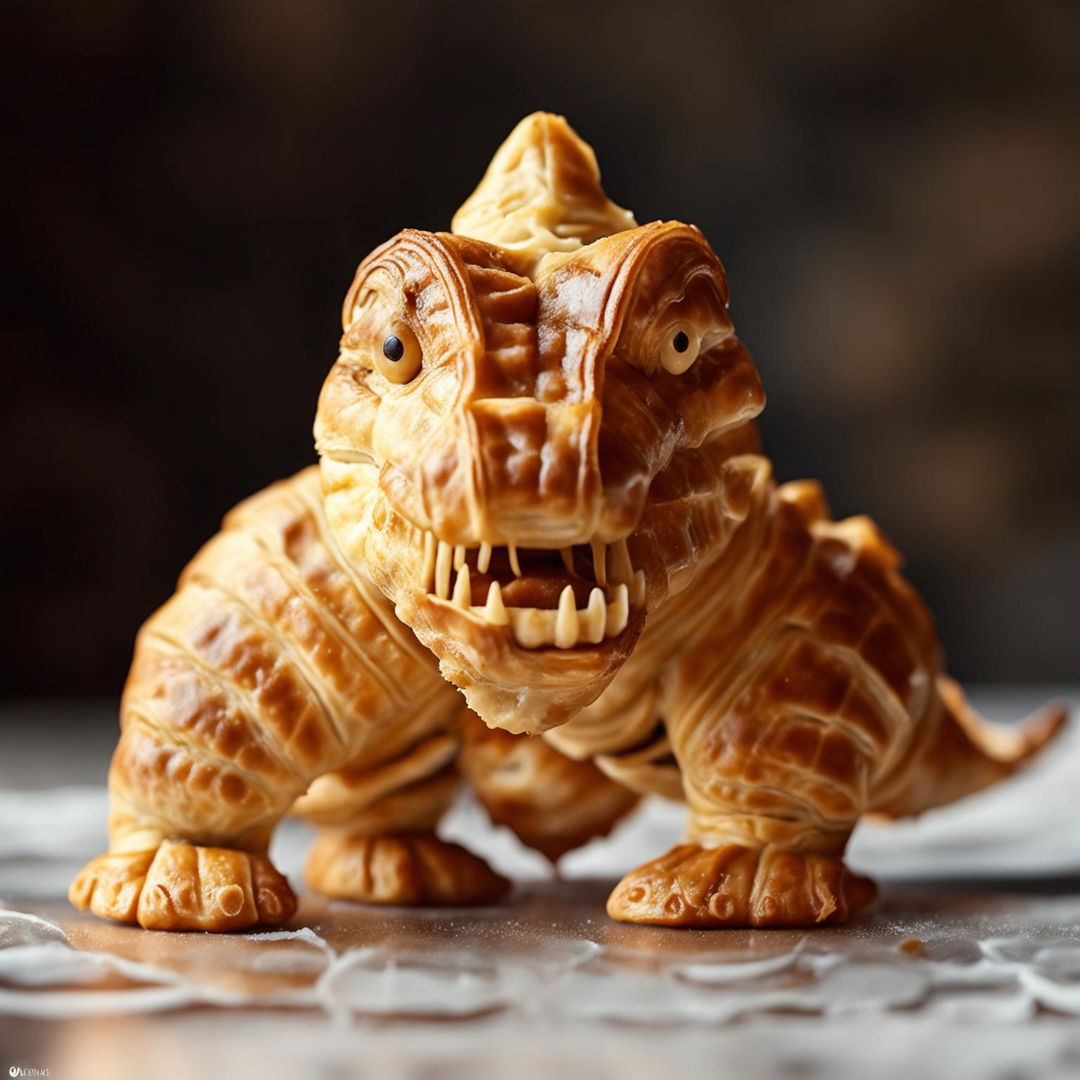 A high-quality image of a golden-brown croissant, expertly crafted into the shape of a T-Rex