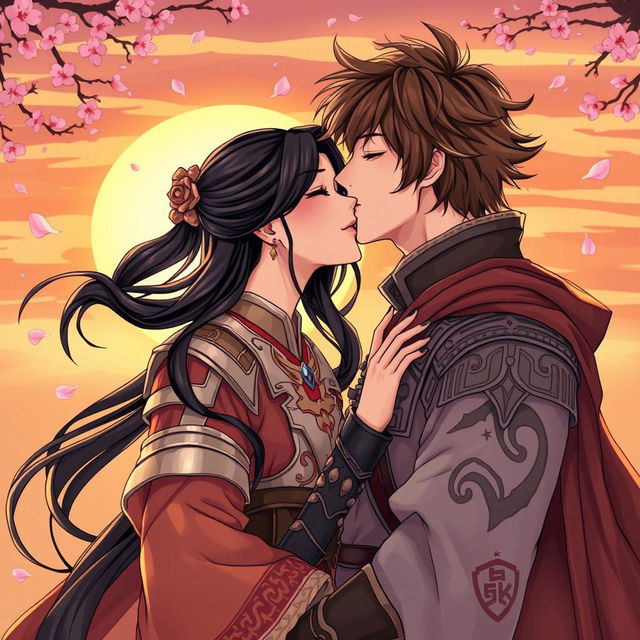 A beautiful illustration in manhwa style depicting a couple in a romantic, intimate moment as they kiss