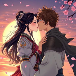 A beautiful illustration in manhwa style depicting a couple in a romantic, intimate moment as they kiss