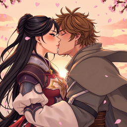 A beautiful illustration in manhwa style depicting a couple in a romantic, intimate moment as they kiss