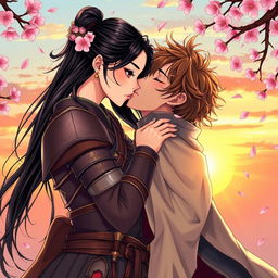 A beautiful illustration in manhwa style depicting a couple in a romantic, intimate moment as they kiss