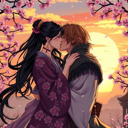 A captivating illustration in manhwa style featuring a beautiful couple kissing passionately