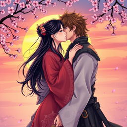 A captivating illustration in manhwa style featuring a beautiful couple kissing passionately