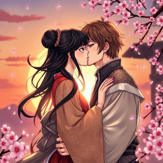 A captivating illustration in manhwa style featuring a beautiful couple kissing passionately