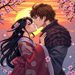 A captivating illustration in manhwa style featuring a beautiful couple kissing passionately