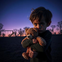 A small boy with large, fearful eyes, clutching a worn-out teddy bear in a vast, empty park at twilight