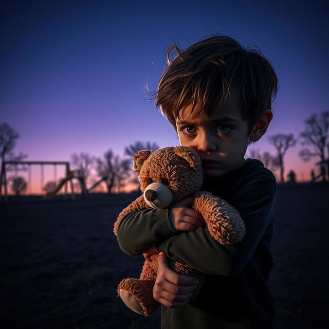 A small boy with large, fearful eyes, clutching a worn-out teddy bear in a vast, empty park at twilight