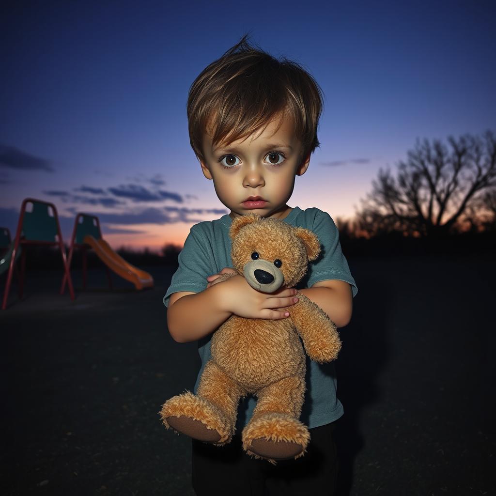 A small boy with large, fearful eyes, clutching a worn-out teddy bear in a vast, empty park at twilight