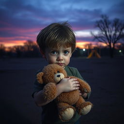 A small boy with large, fearful eyes, clutching a worn-out teddy bear in a vast, empty park at twilight