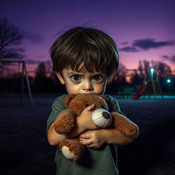 A small boy with large, fearful eyes, clutching a worn-out teddy bear in a vast, empty park at twilight