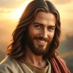 A serene and warm portrait of Jesus Christ with a gentle smile, radiating compassion and love