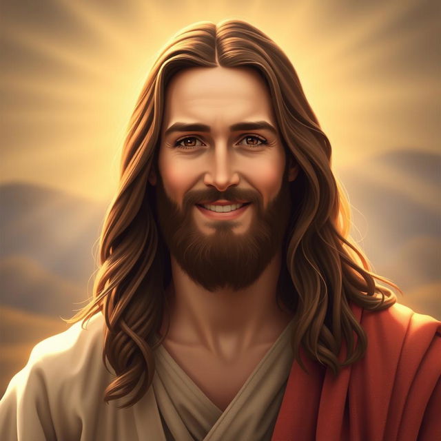 A serene and warm portrait of Jesus Christ with a gentle smile, radiating compassion and love