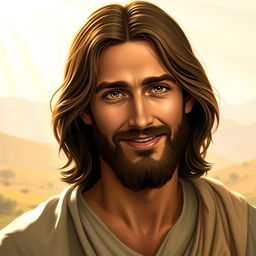 A serene and warm portrait of Jesus Christ with a gentle smile, radiating compassion and love