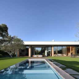 A modern house with sleek lines, expansive glass windows, minimalist furnishings, a well-maintained green lawn, and a sparkling pool under the clear blue sky.