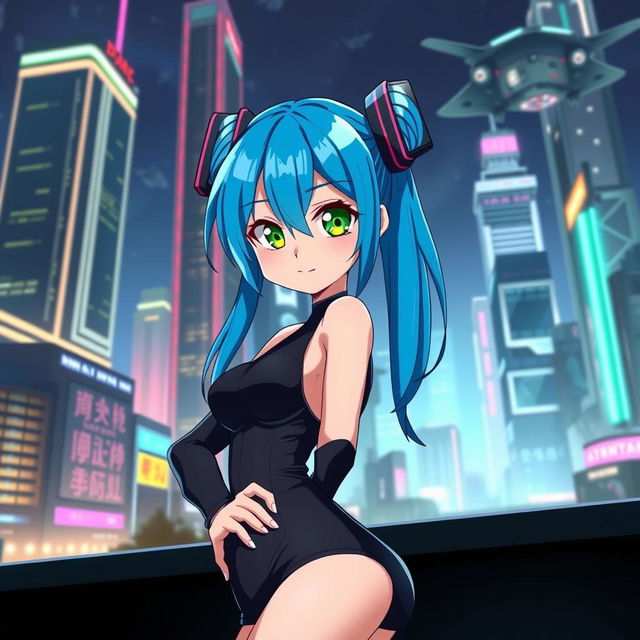 A stunningly attractive anime girl with vibrant blue hair styled into twin tails, wearing a stylish and form-fitting black outfit that accentuates her curves