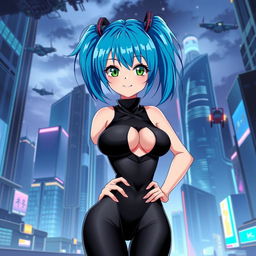 A stunningly attractive anime girl with vibrant blue hair styled into twin tails, wearing a stylish and form-fitting black outfit that accentuates her curves