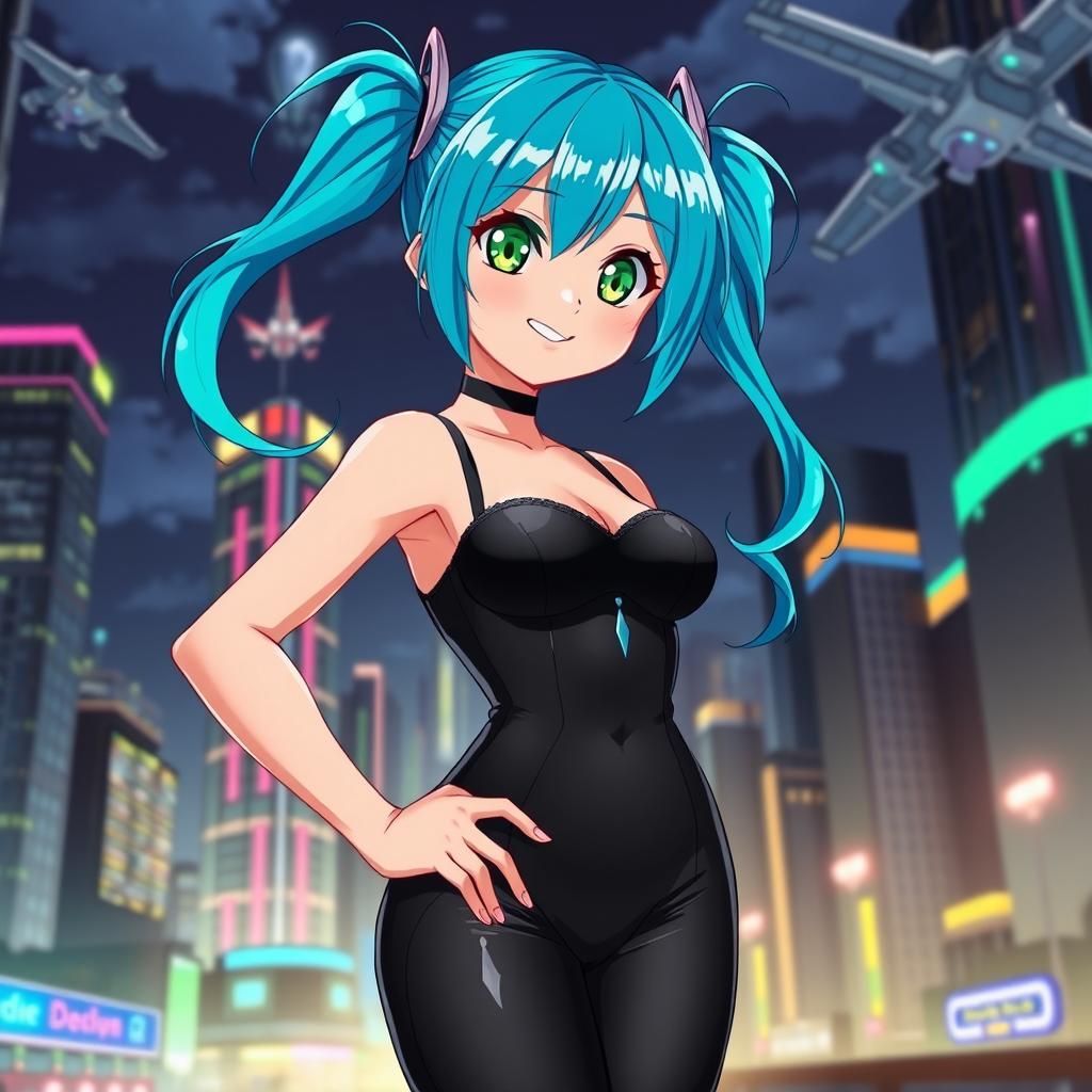 A stunningly attractive anime girl with vibrant blue hair styled into twin tails, wearing a stylish and form-fitting black outfit that accentuates her curves