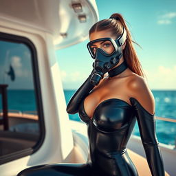 A stunning, slim woman with very large breasts, clad in a full enclosure black tight glossy neoprene suit that accentuates her figure beautifully