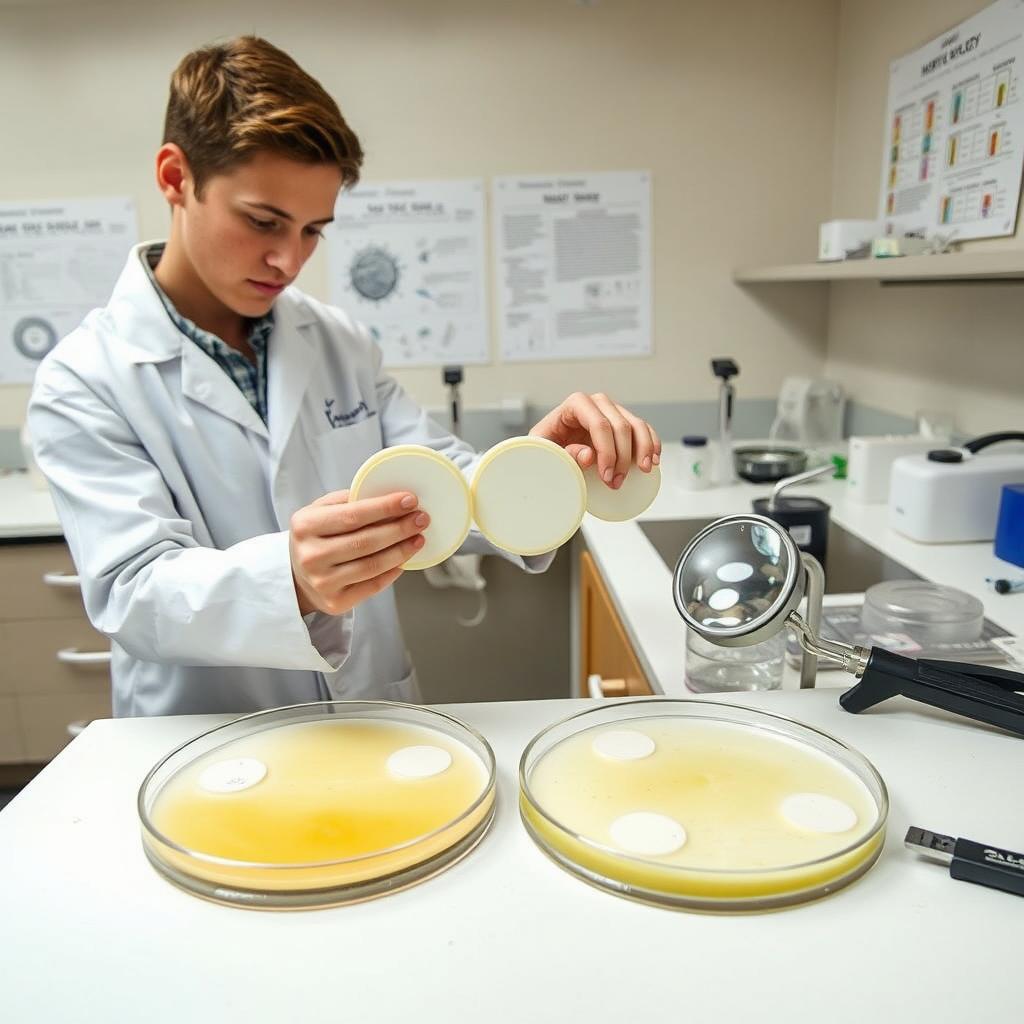 A microbiology lab scene showcasing the disc diffusion method (Kirby-Bauer assay) used for assessing antimicrobial activity