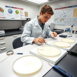 A microbiology lab scene showcasing the disc diffusion method (Kirby-Bauer assay) used for assessing antimicrobial activity
