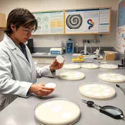 A microbiology lab scene showcasing the disc diffusion method (Kirby-Bauer assay) used for assessing antimicrobial activity