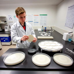 A microbiology lab scene showcasing the disc diffusion method (Kirby-Bauer assay) used for assessing antimicrobial activity