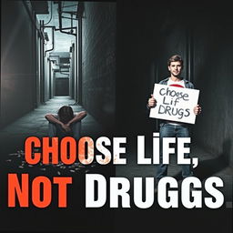 A powerful public health poster addressing the dangers of drug use, featuring a stark urban backdrop with dark alleyways to represent the gritty reality of addiction