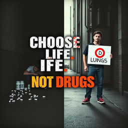 A powerful public health poster addressing the dangers of drug use, featuring a stark urban backdrop with dark alleyways to represent the gritty reality of addiction